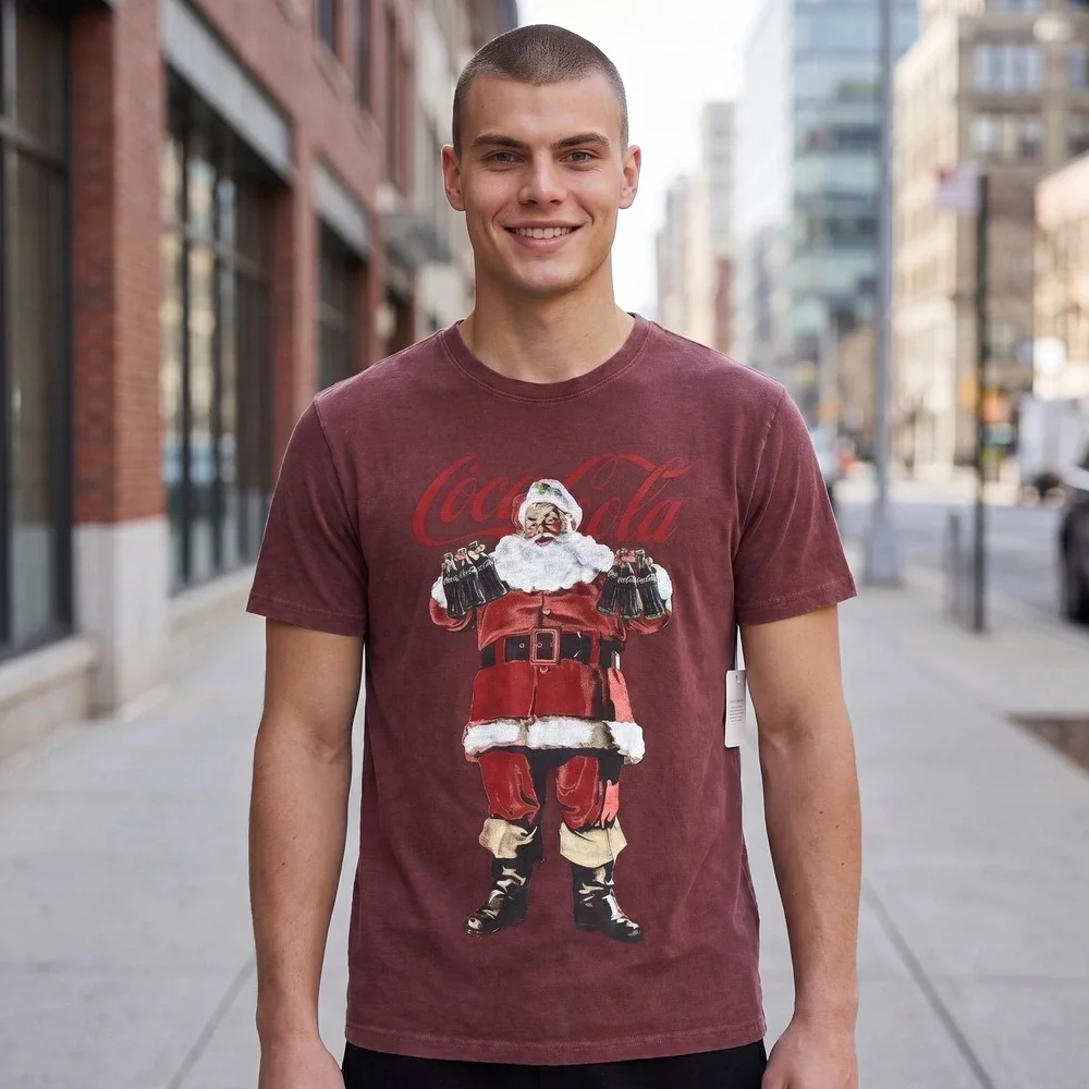 NEW Lucky Brand Coca-Cola Santa Claus Graphic T-Shirt Burgundy Red Mens SMALL